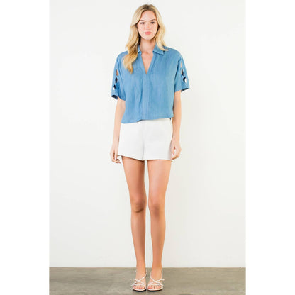 THML Short Sleeve Cutout Denim Top – Blue