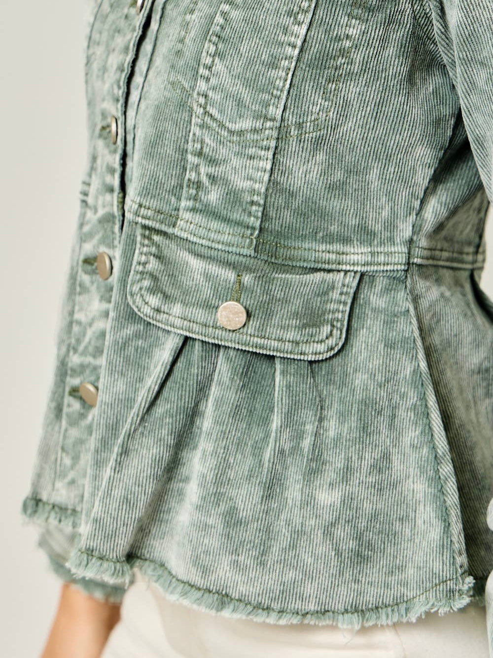 Mystree Washed Corduroy Peplum Jacket - Washed Green