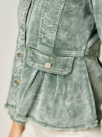 Mystree Washed Corduroy Peplum Jacket - Washed Green