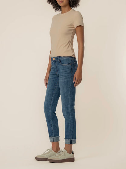 Kut from the Kloth Amy Cropped Straight Leg Jeans with Frayed Roll-Up Hem – Deserving Darkstone Base Wash