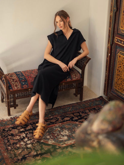 Jodifl Solid Midi Dress With Open Collared Neck - Black