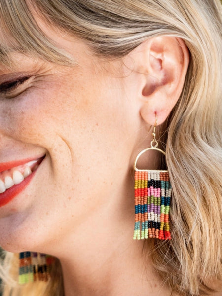 Allison Checkered Beaded Fringe Earrings Multicolor