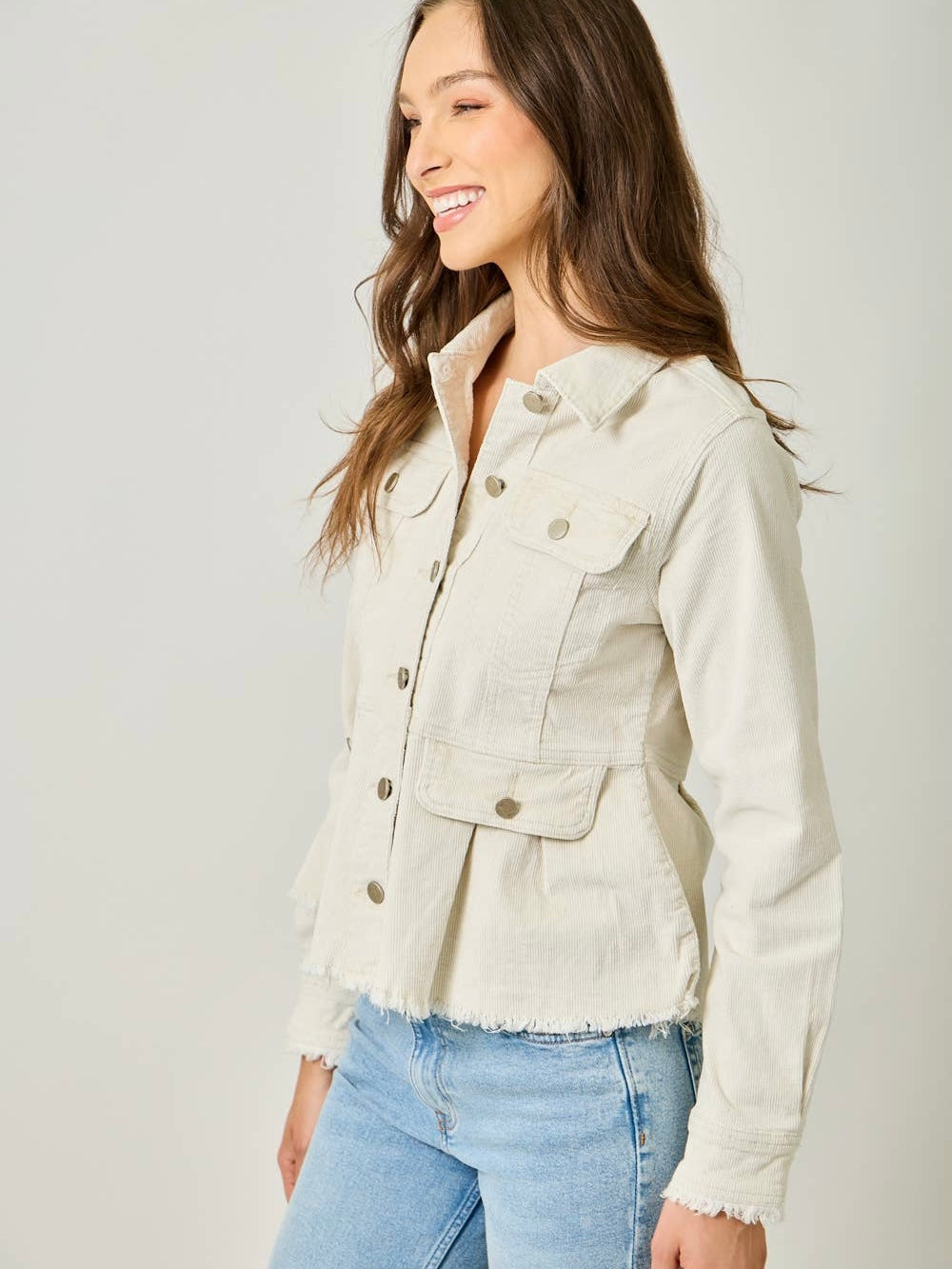 Mystree Washed Corduroy Peplum Jacket - Vintage Ivory