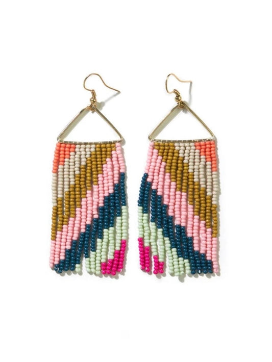 Whitney Diagonal Stripe Beaded Fringe Earrings Rainbow