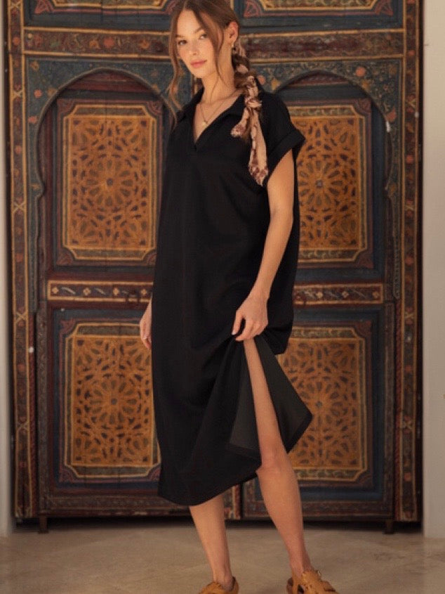 Jodifl Solid Midi Dress With Open Collared Neck - Black