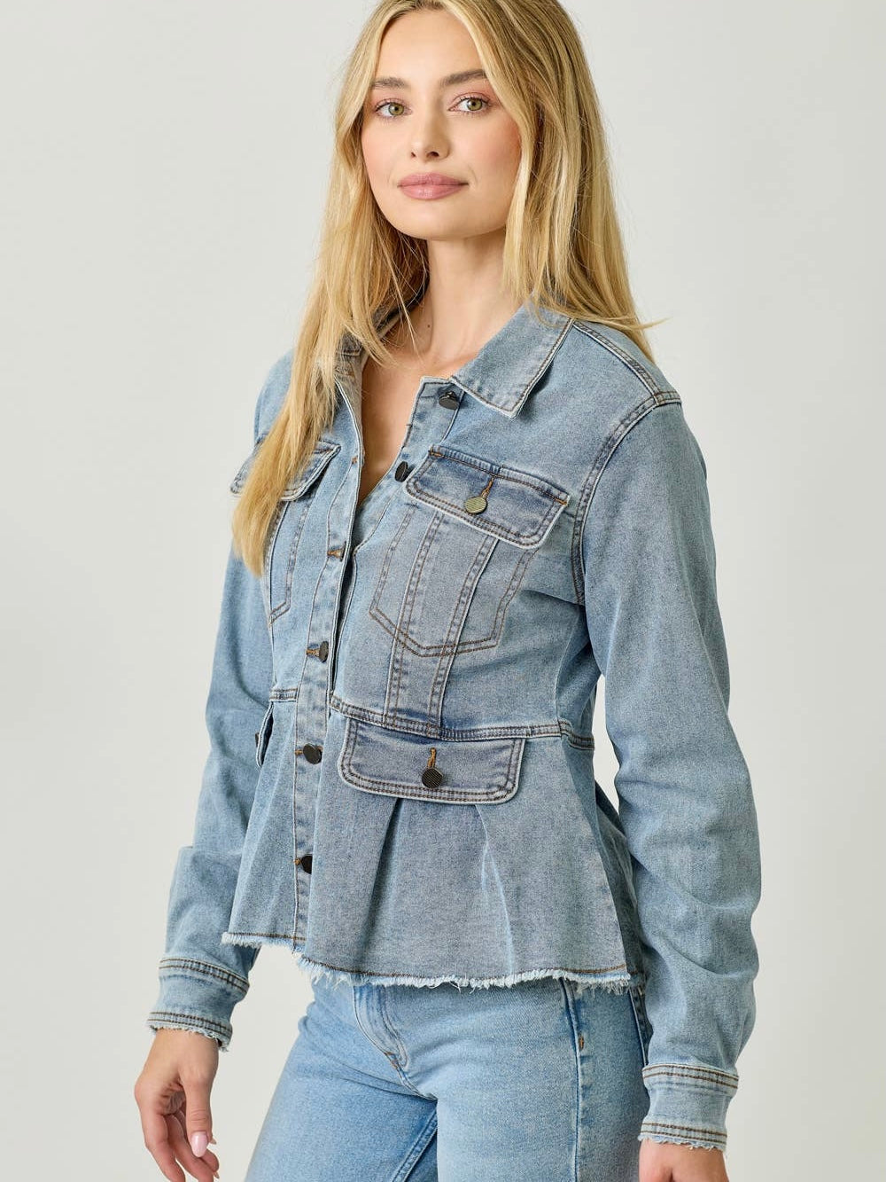 Mystree Washed Denim Peplum Jacket - Washed Denim
