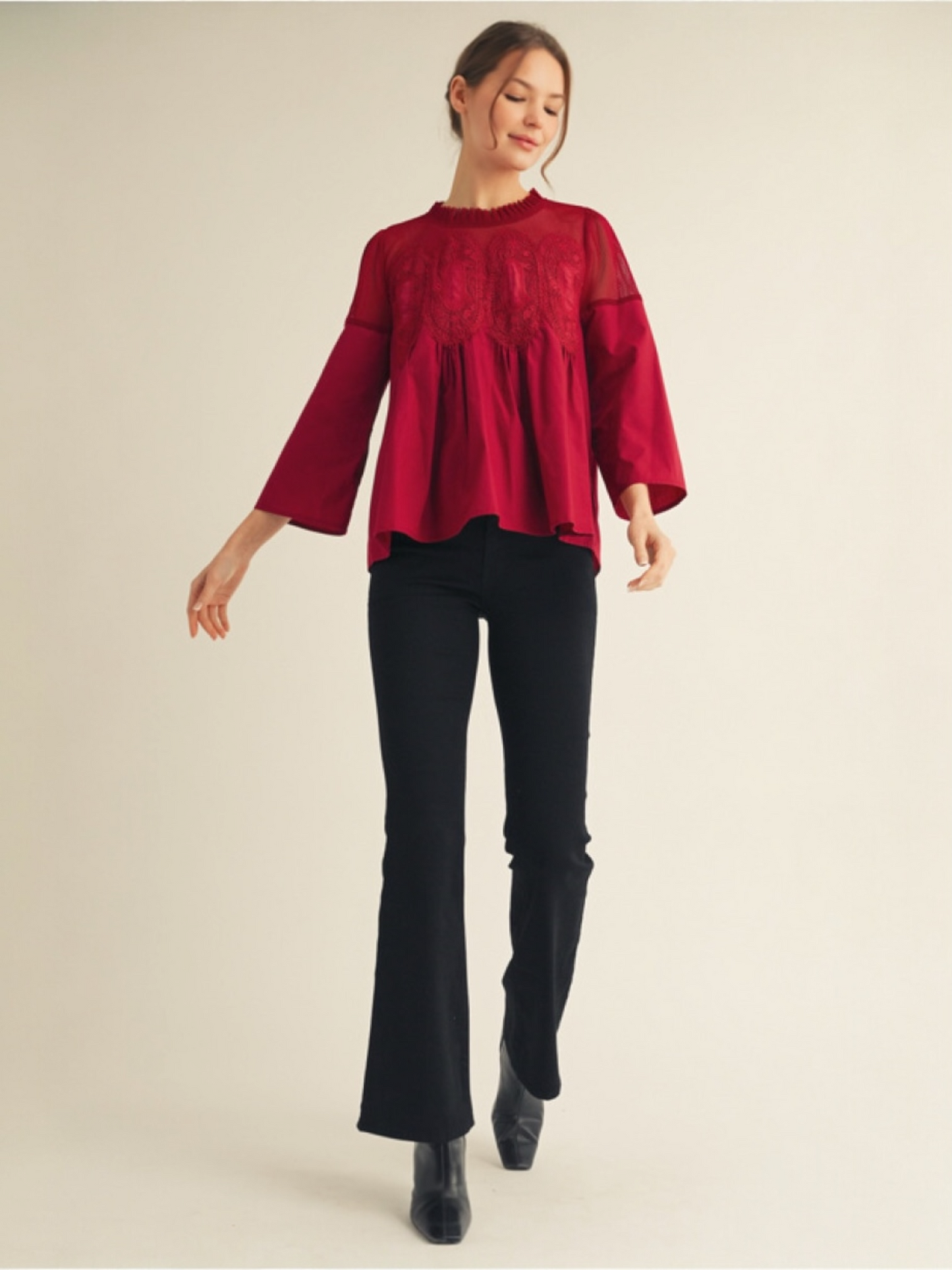 Jodifl 3/4 Sleeves Top With Contrast Crochet Accent - Burgundy