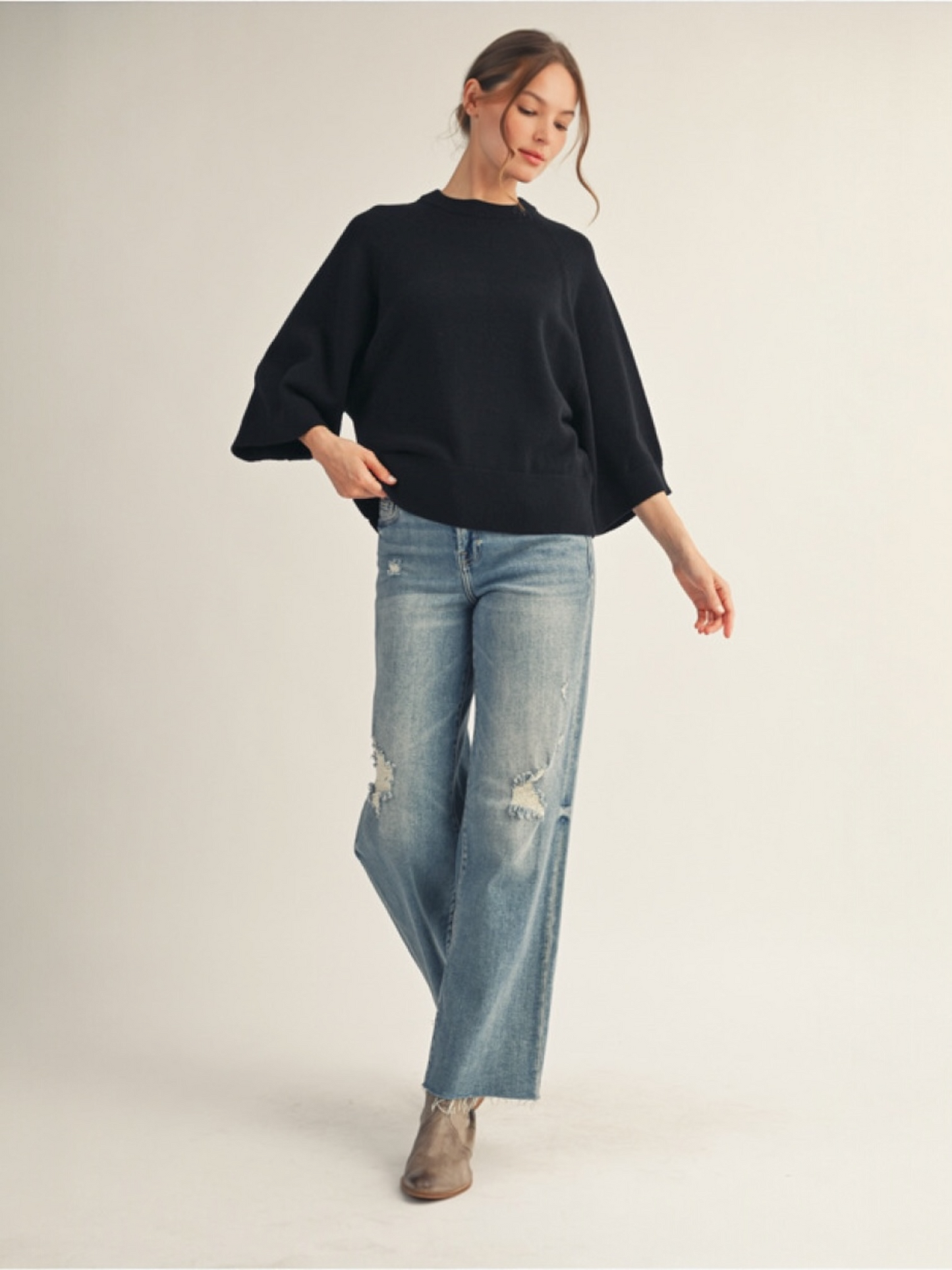 Jodifl Soft Comfy Sweater Top With Wide Sleeves - Black