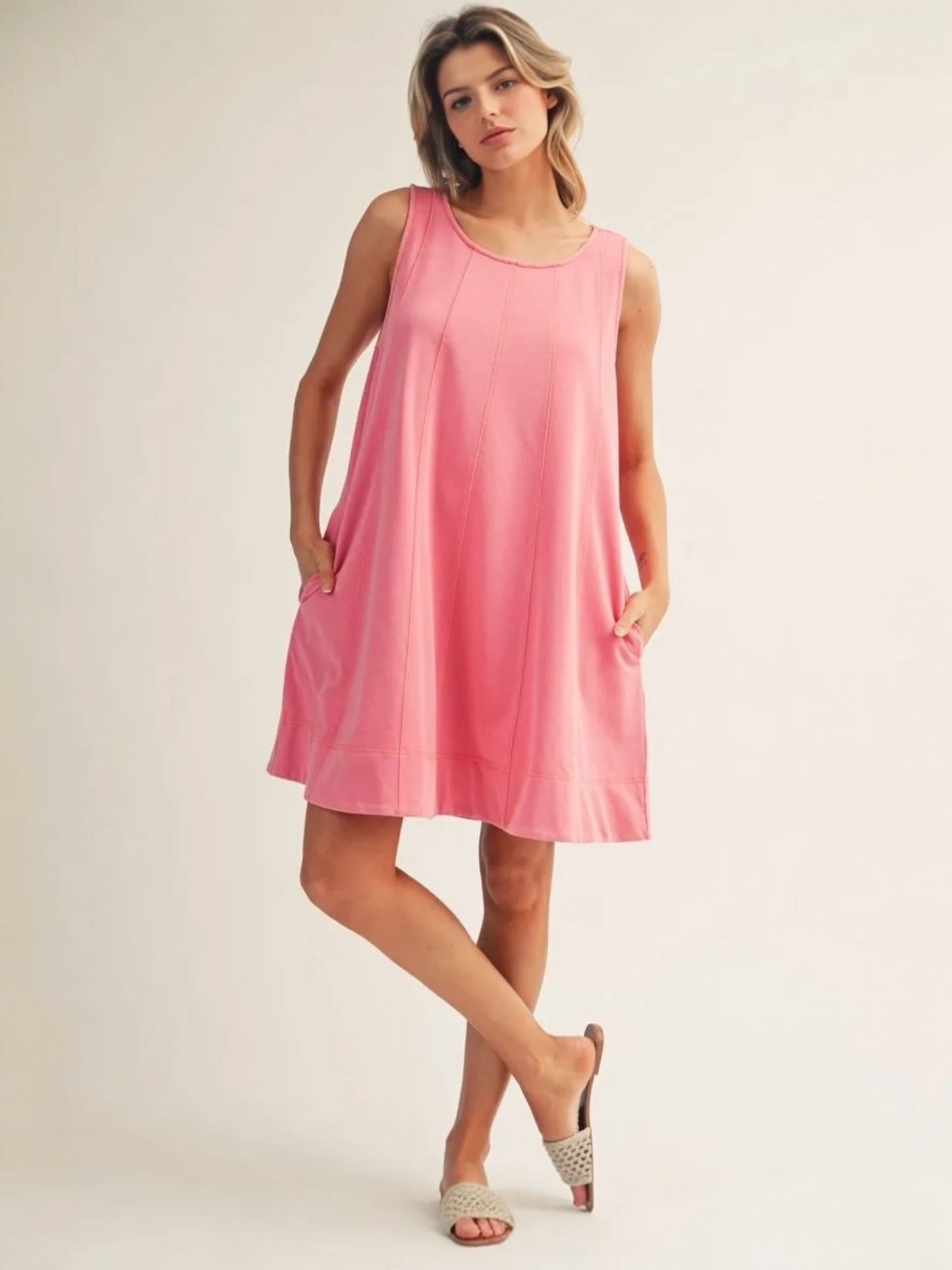 Jodifl Washed Fabric Sleeveless Swing Dress with Pockets – Pink