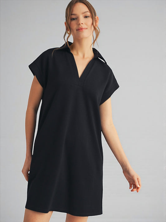 Jodifl Solid Dress With Open Collared Neck and Short Sleeves - Black