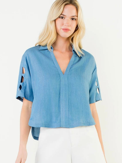 THML Short Sleeve Cutout Denim Top – Blue