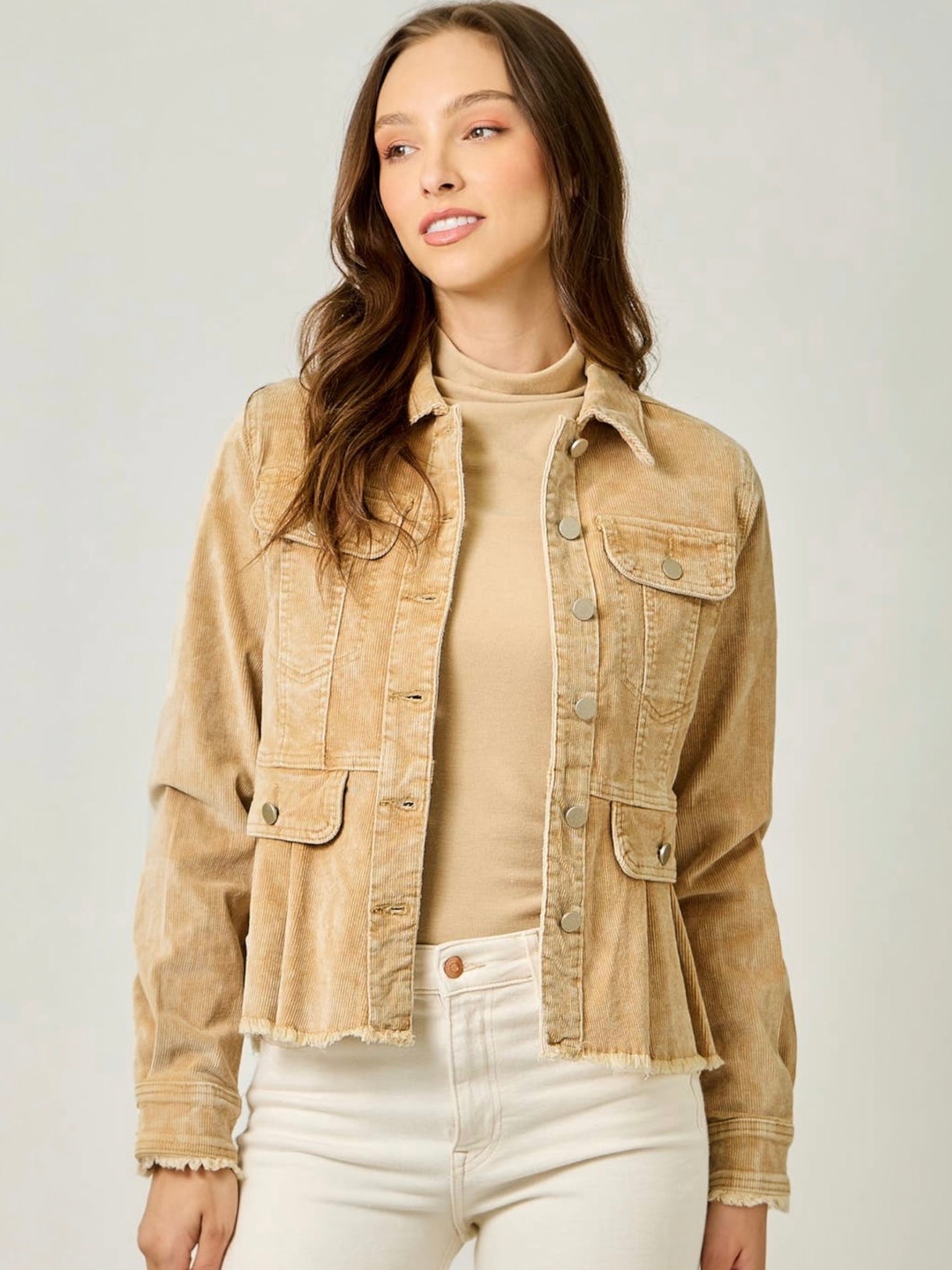 Mystree Washed Corduroy Peplum Jacket - Washed Honey