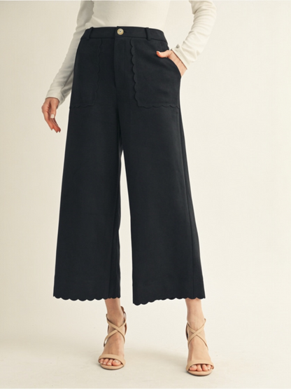 Jodifl Wide Leg Faux Suede Pant with Scallop Edge Accent - Black