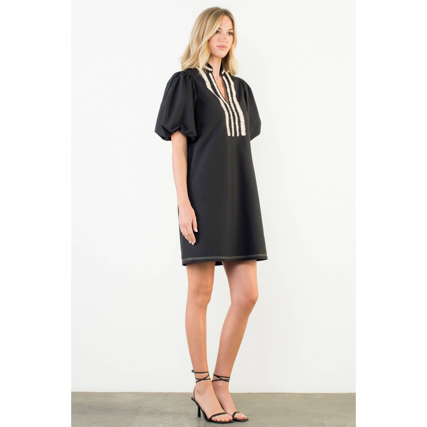 THML Puff Sleeve Embroidered Textured Dress – Black