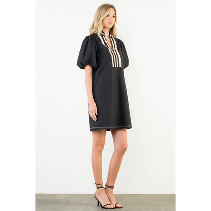 THML Puff Sleeve Embroidered Textured Dress – Black