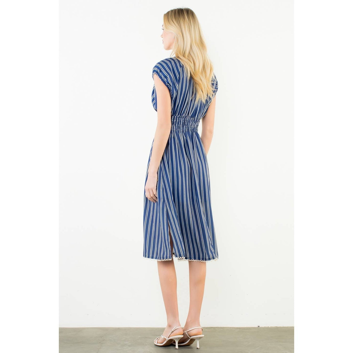 THML Striped Smocked Waist Dress – Navy