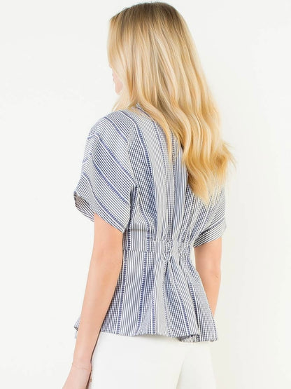 THML Short Sleeve Stripes Gingham Button Up Top – Navy