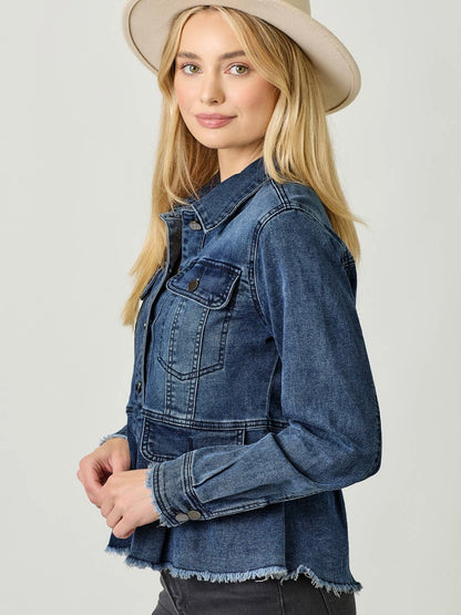 Mystree Washed Denim Peplum Jacket - Dark Denim