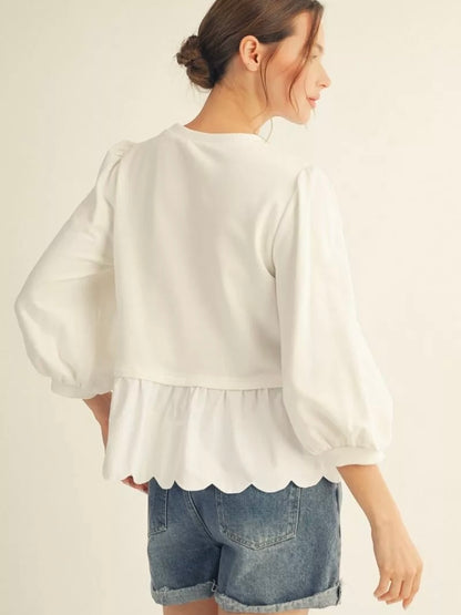 Jodifl Peplum Puff Sleeve Scallop Hem Top – Off White