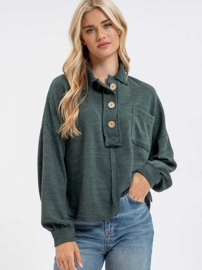 Blu Pepper Collared Raw Edge Knit Top - Forest Green