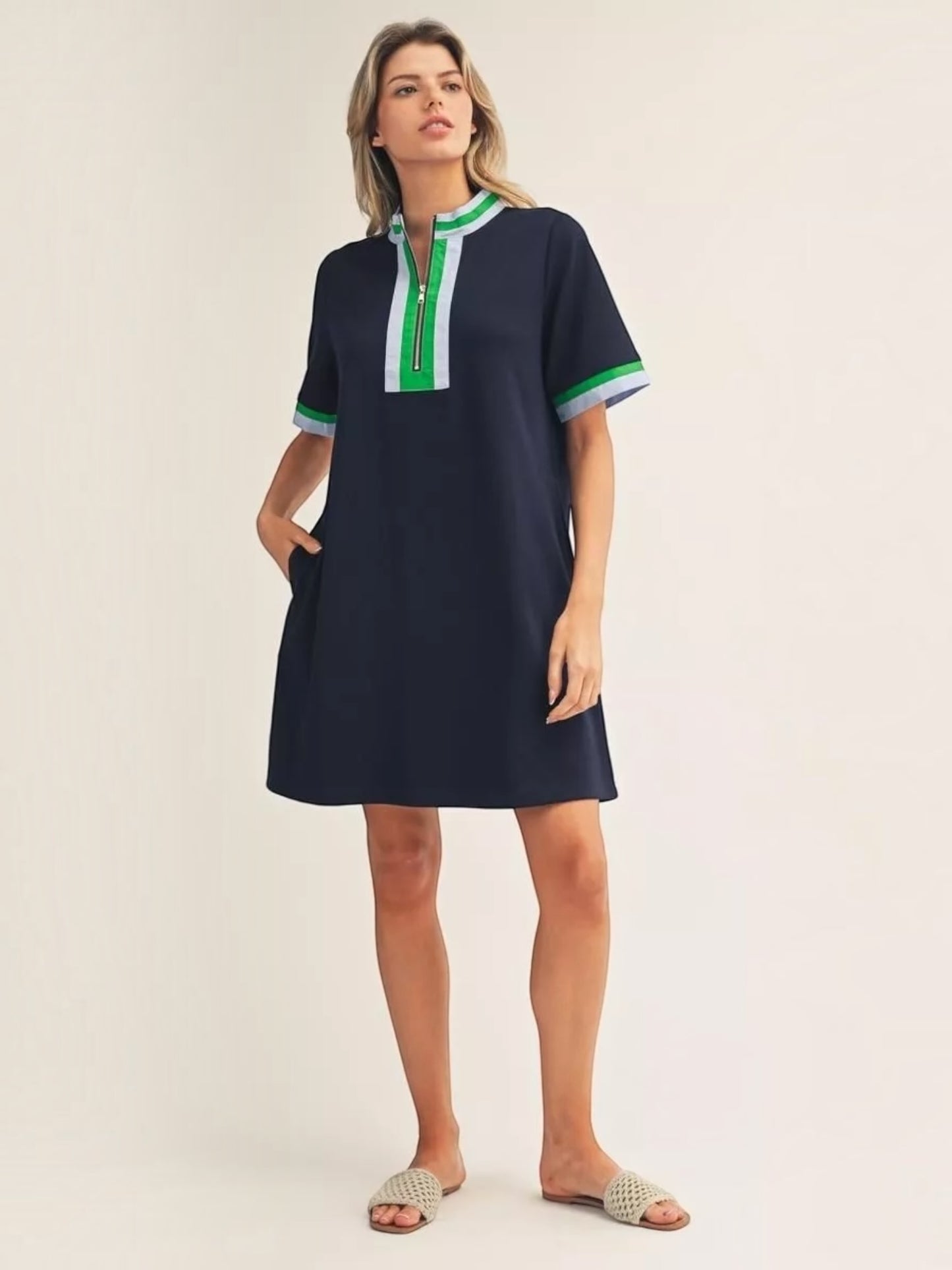 Jodifl Zip Front Mock Neck Shift Dress with Pockets – Navy