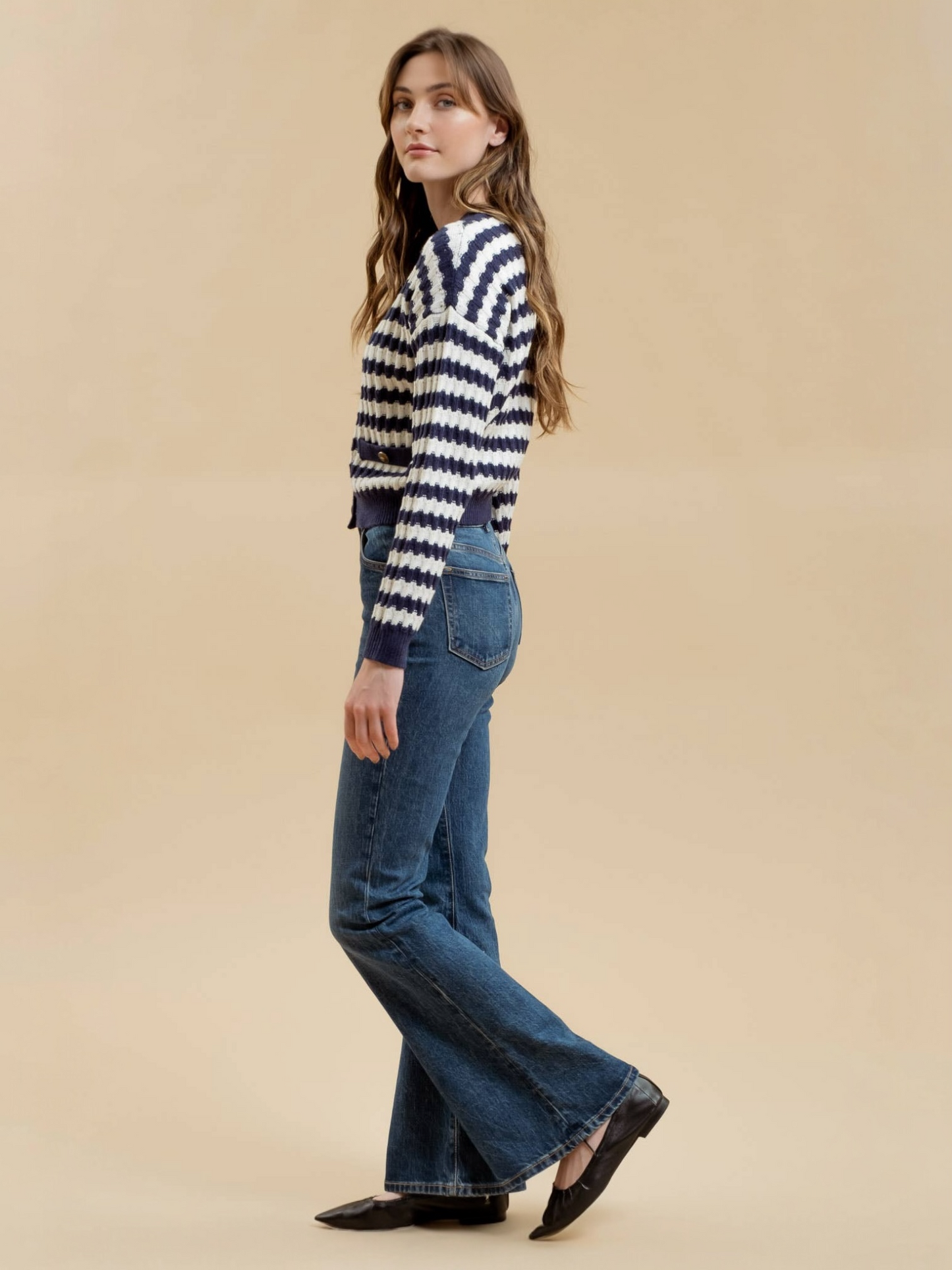 Blu Pepper Stripe Crew Neck Knit Cardigan - Navy