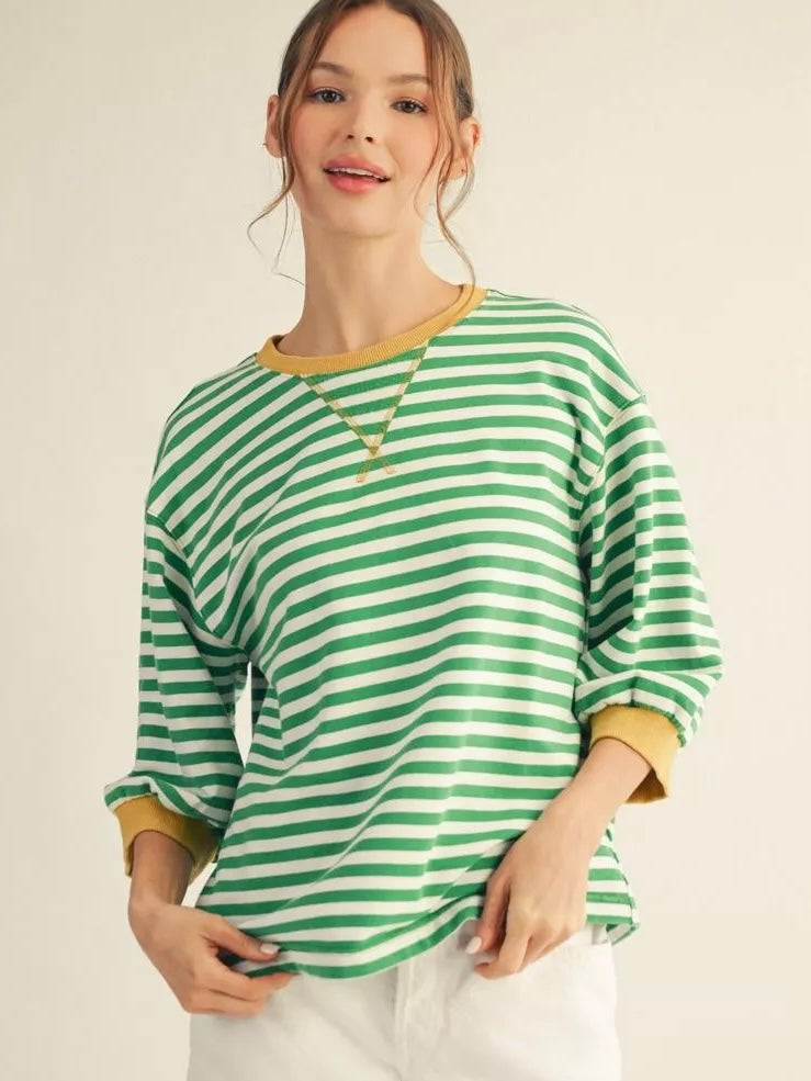 Jodifl Mineral Washed Stripe Top – 3/4 Sleeve V-Notch Neckline – Kelly Green