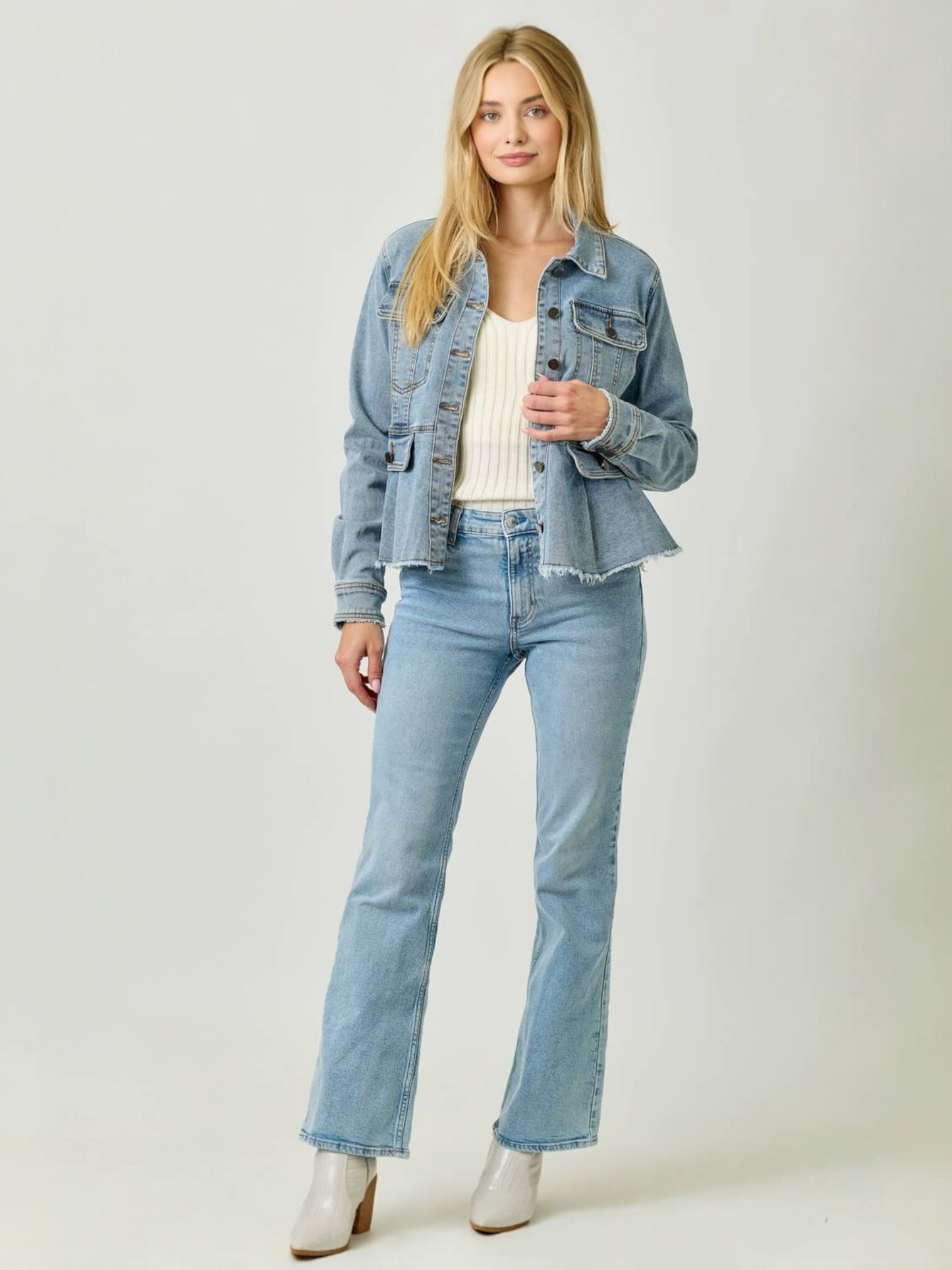 Mystree Washed Denim Peplum Jacket - Washed Denim