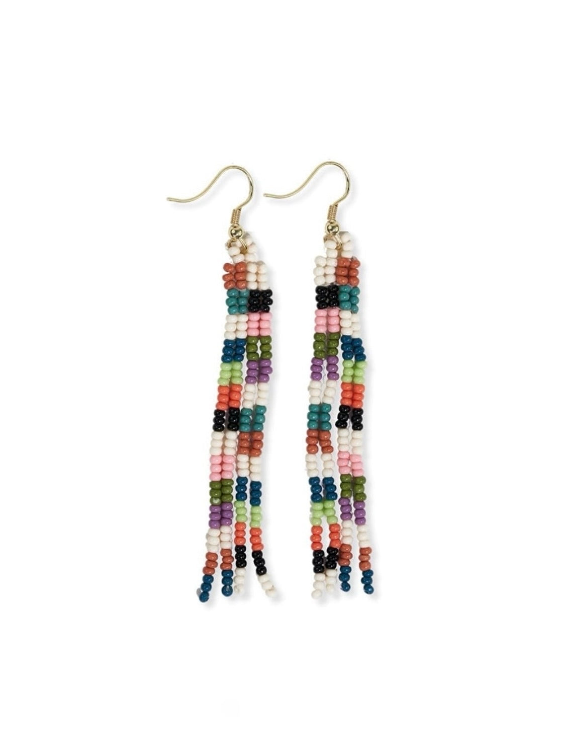 June Mini Checked Pattern Petite Beaded Fringe Earrings Multi-Check out