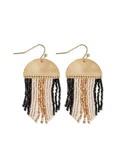 Claudia 3 Color Stripe Short Beaded Fringe Earrings Black/White