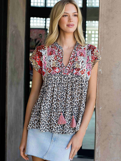THML Leopard Print Embroidered Top – Beige