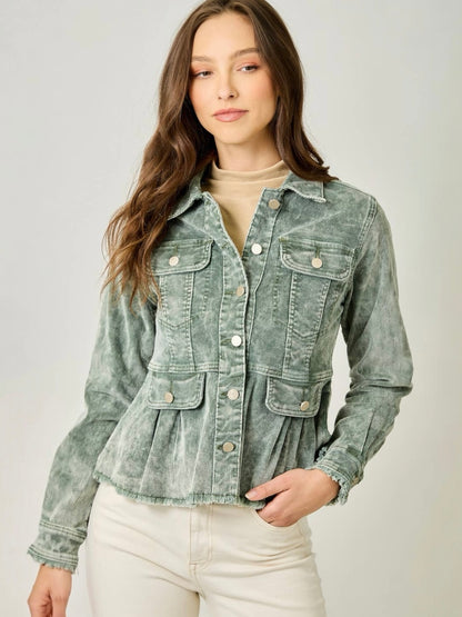 Mystree Washed Corduroy Peplum Jacket - Washed Green