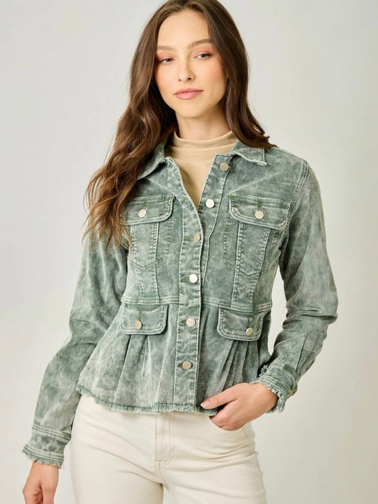 Mystree Washed Corduroy Peplum Jacket - Washed Green