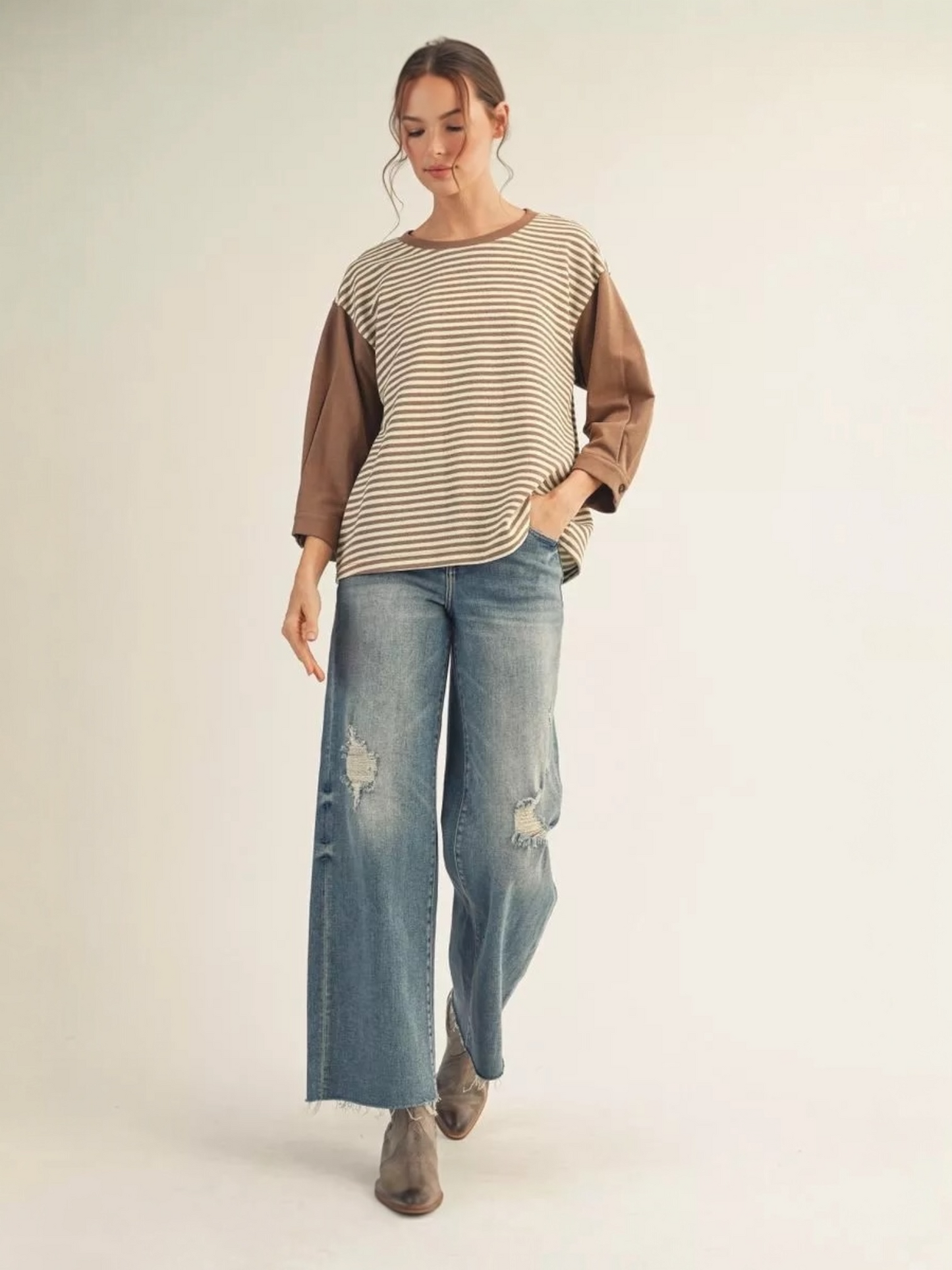 Jodifl 3/4 Sleeve Stripe Casual Top with Drop Shoulder & Pleat Detail – Taupe