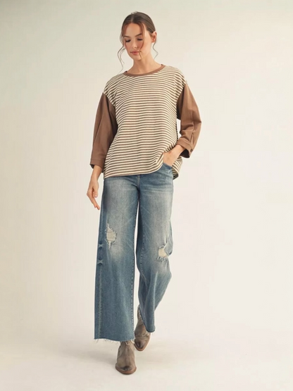 Jodifl 3/4 Sleeve Stripe Casual Top with Drop Shoulder & Pleat Detail – Taupe