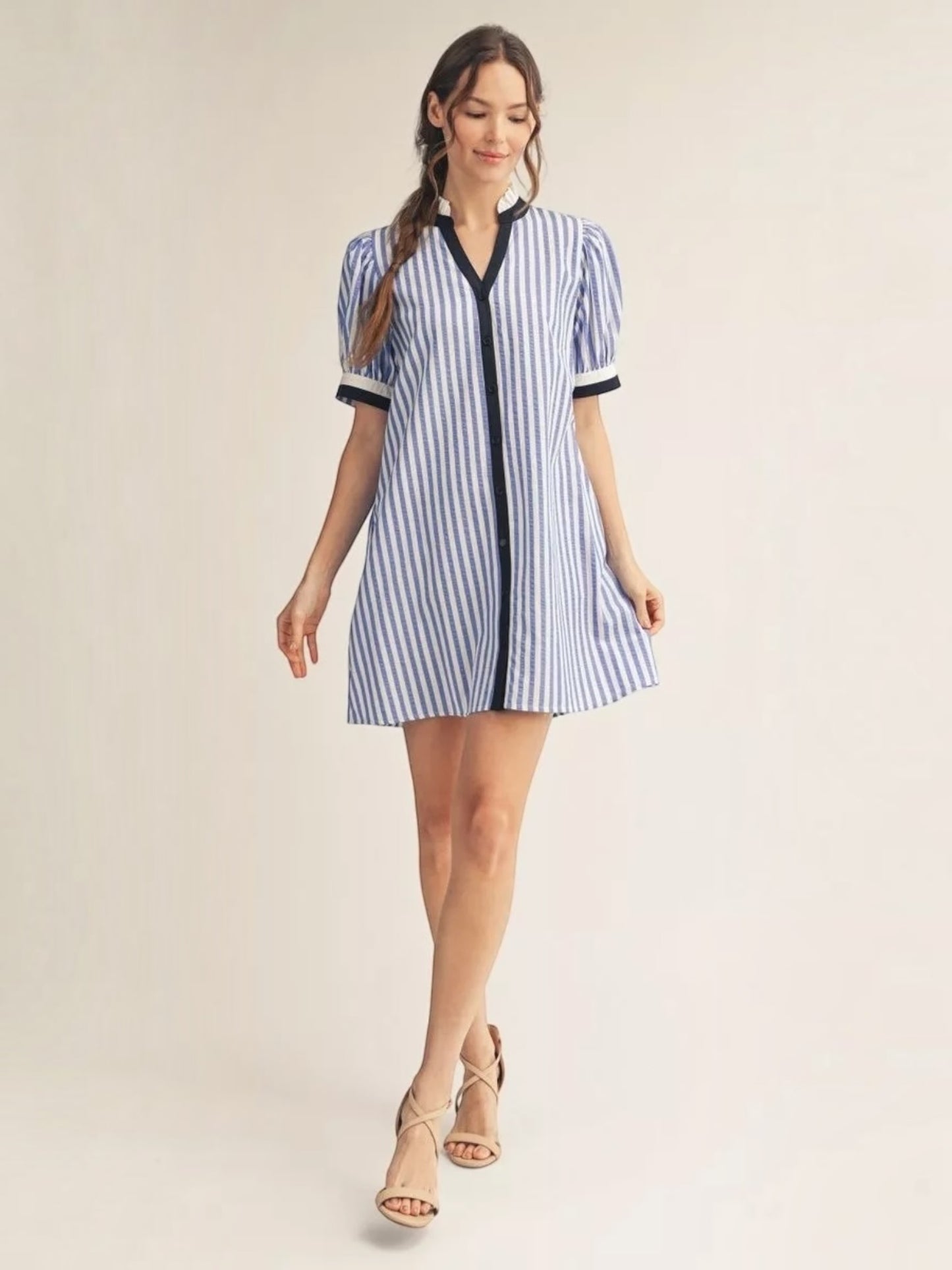 Jodifl Stripe Button Front Shift Dress with Black Contrast Trim – Blue
