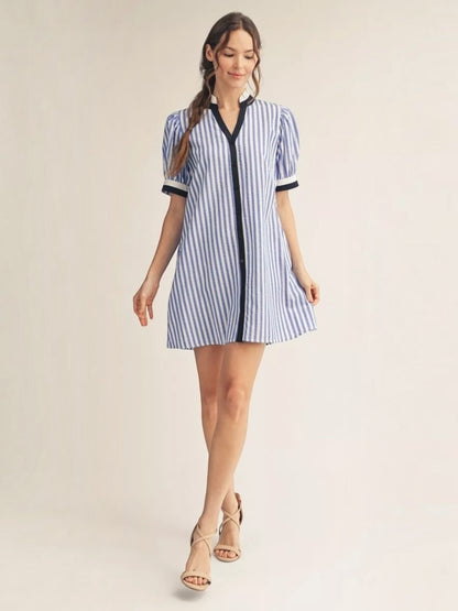 Jodifl Stripe Button Front Shift Dress with Black Contrast Trim – Blue