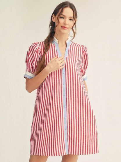 Jodifl Stripe Button Front Shift Dress with Blue Contrast Trim – Red