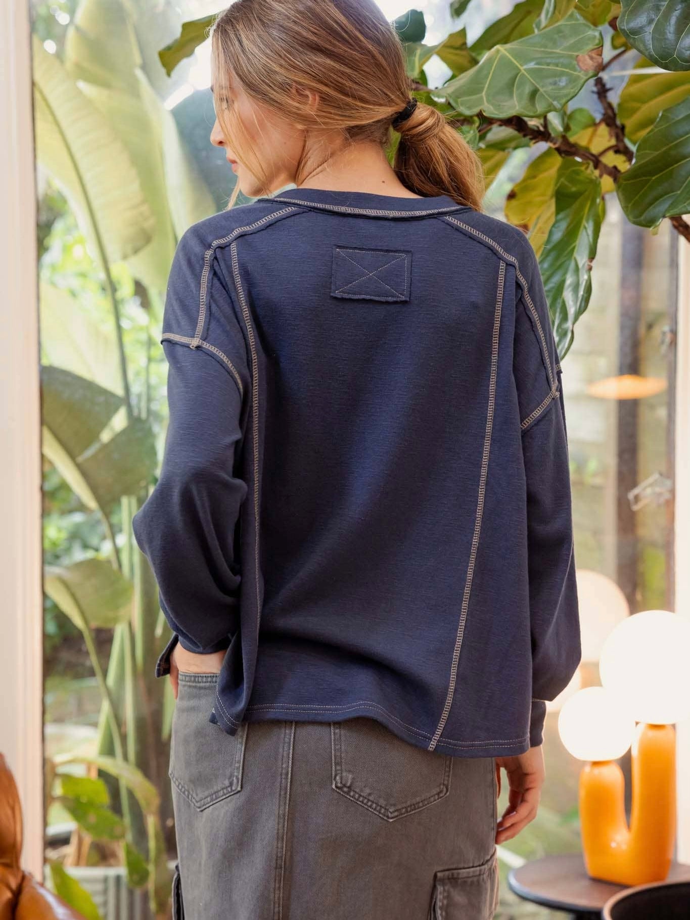 Blu Pepper Contrast Stitch Long Sleeve Henley Knit Top - Dark Denim