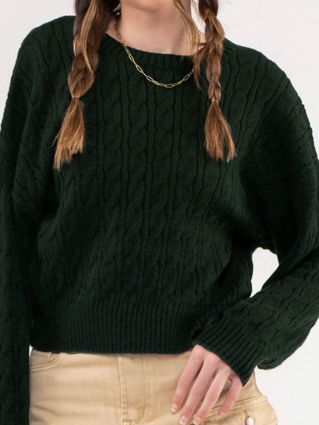 Zaylee Crew Neck Cable Knit Sweater - Hunter Green
