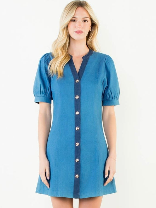 THML Short Sleeve Denim Button Up Dress – Denim Blue