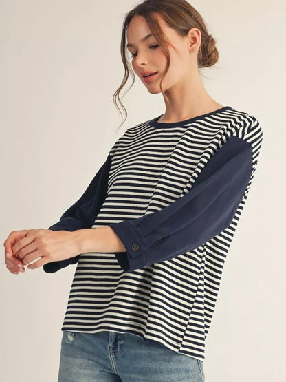 Jodifl 3/4 Sleeve Stripe Casual Top with Drop Shoulder & Pleat Detail – Navy