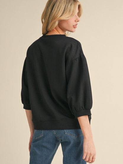 Jodifl Solid Sweatshirt Top With U-neck 3/4 Sleeves - Black