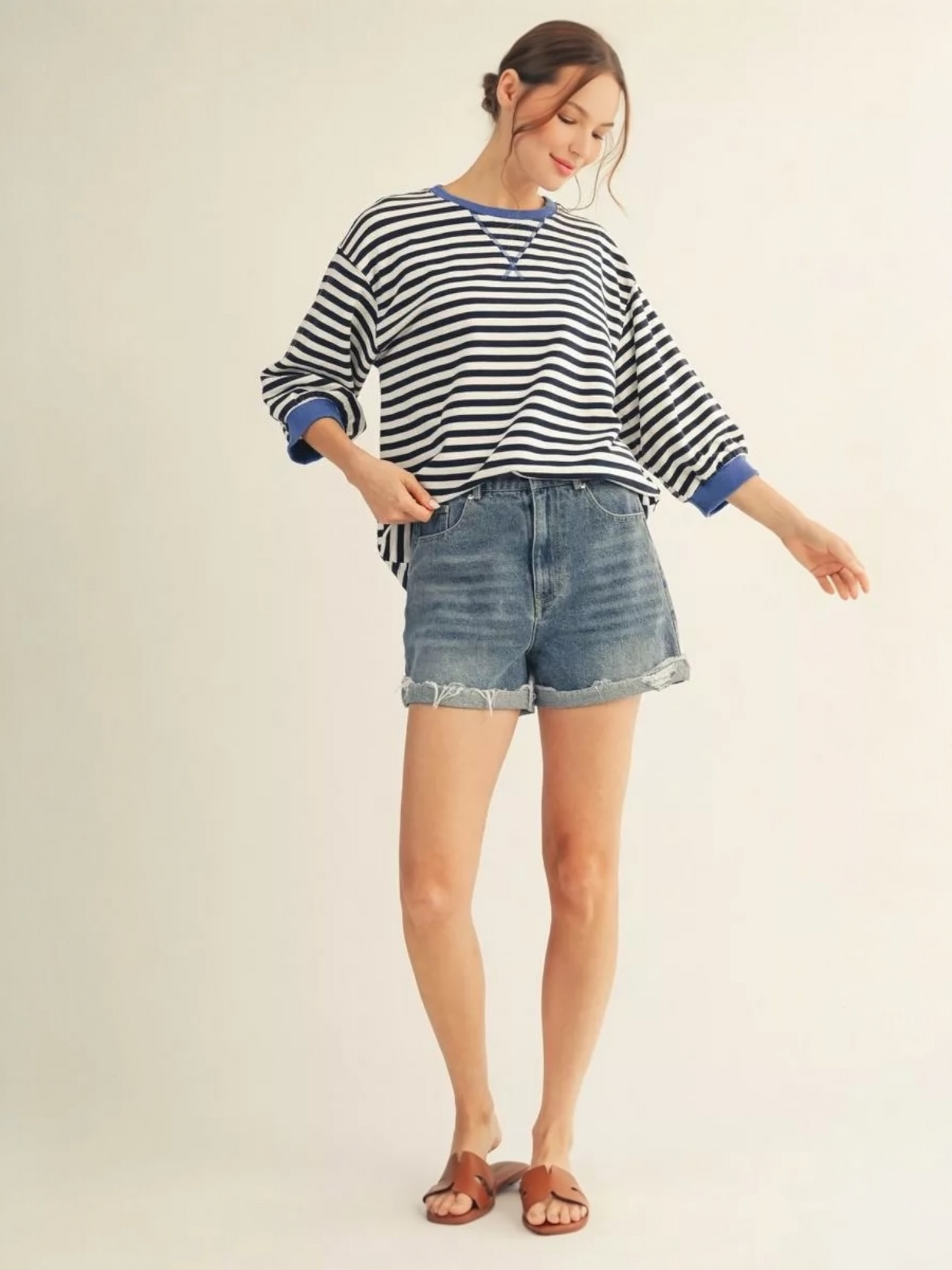 Jodifl Mineral Washed Stripe Top – 3/4 Sleeve V-Notch Neckline – Navy