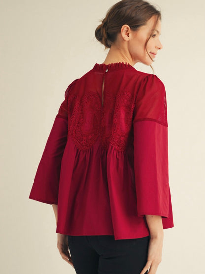 Jodifl 3/4 Sleeves Top With Contrast Crochet Accent - Burgundy