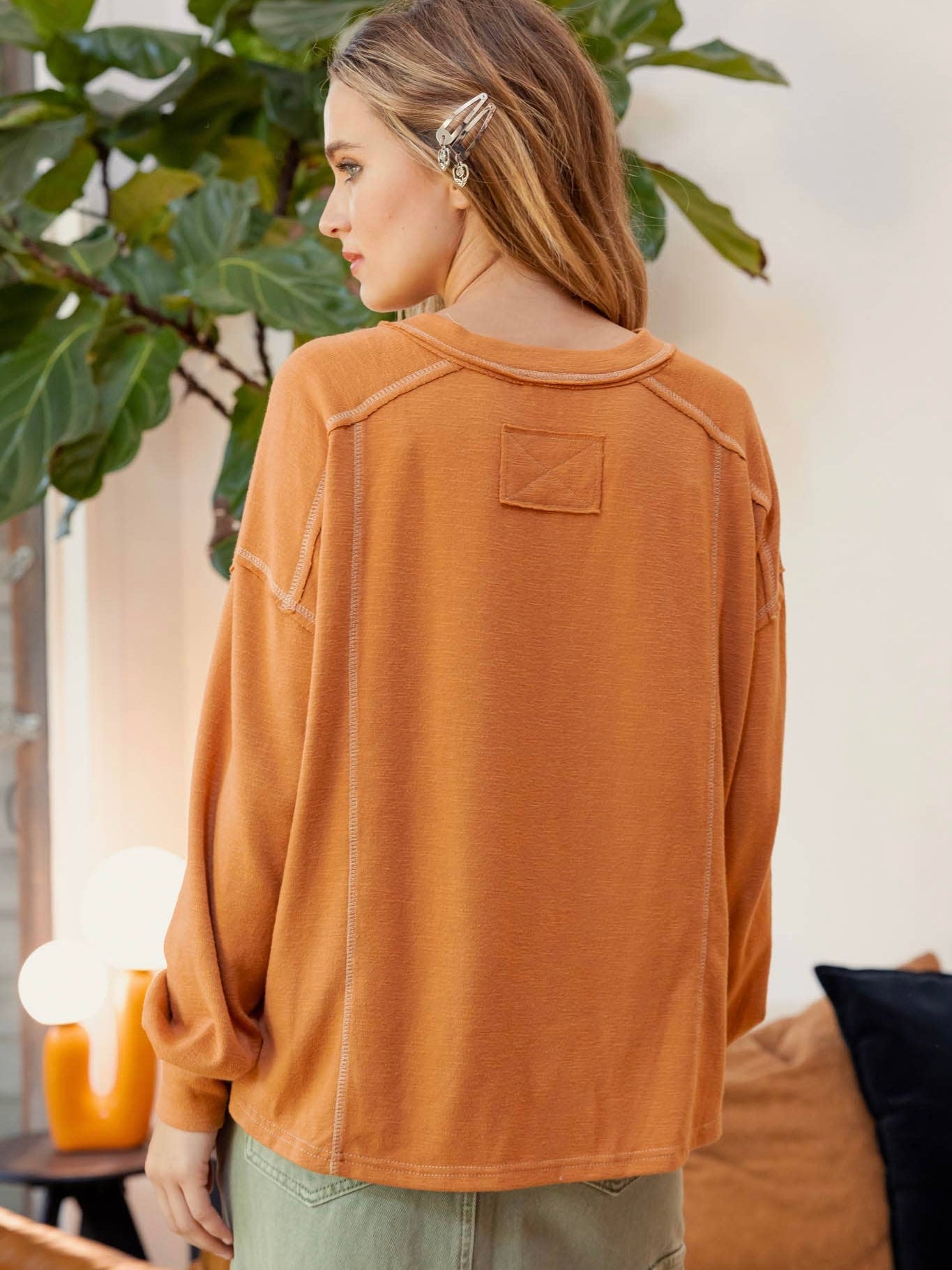 Blu Pepper Contrast Stitch Long Sleeve Henley Knit Top - Rust