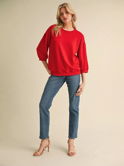 Jodifl Solid Sweatshirt Top With U-neck 3/4 Sleeves - Red