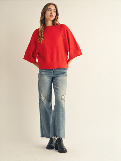 Jodifl Soft Comfy Sweater Top With Wide Sleeves - Tomato Red