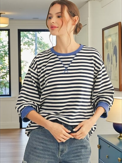Jodifl Mineral Washed Stripe Top – 3/4 Sleeve V-Notch Neckline – Navy