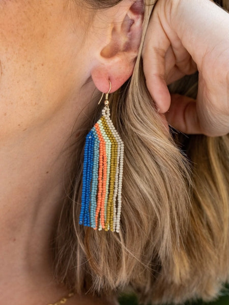 Dolly Vertical Stripe Beaded Fringe Earrings Coastal